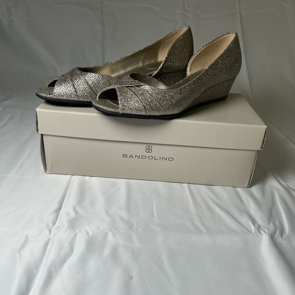 Bandolino Silver Woven Peep Toe Wedges